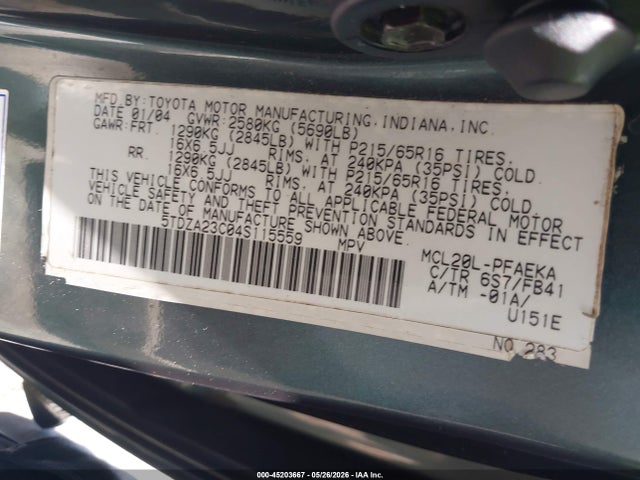 Aukcja sprzedaży 2004 Toyota Sienna Le, vin: 5TDZA23C04S115559, numer aukcji: 45203667