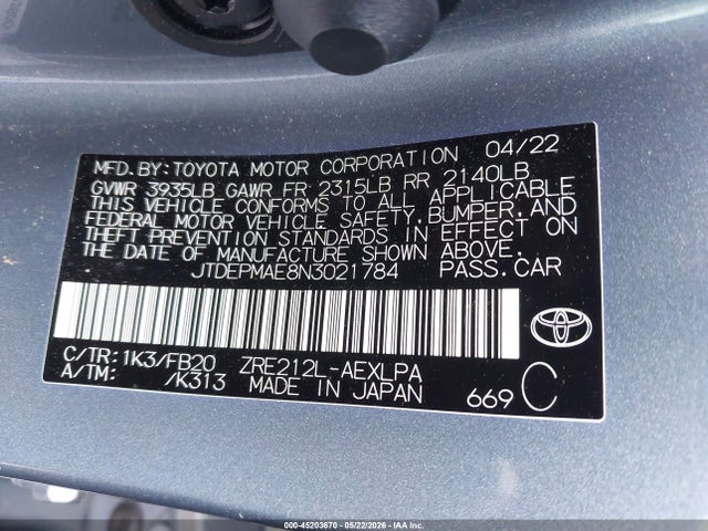 Aukcja sprzedaży 2022 Toyota Corolla Le, vin: JTDEPMAE8N3021784, numer aukcji: 45203670
