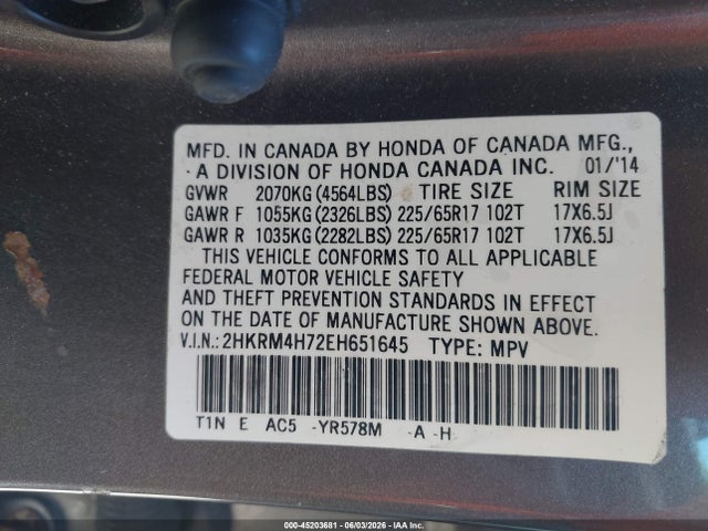 2HKRM4H72EH651645 Honda Cr-v Ex-l