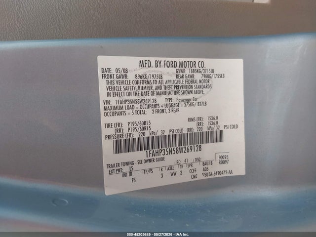 45203689 :رقم المزاد ، 1FAHP35N58W269128 vin ، 2008 Ford Focus Se مزاد بيع