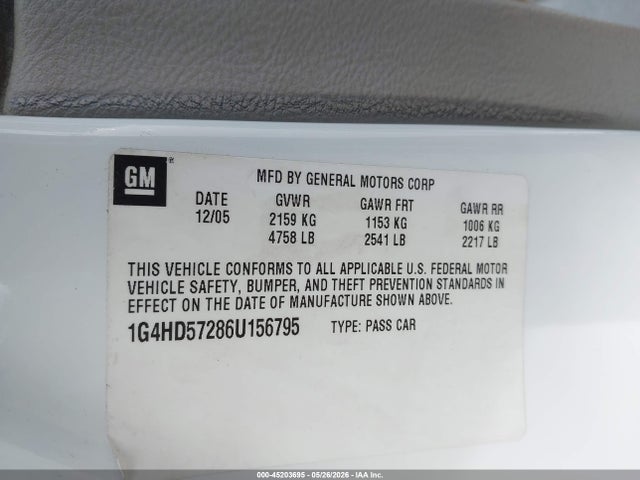 45203695 :رقم المزاد ، 1G4HD57286U156795 vin ، 2006 Buick Lucerne Cxl مزاد بيع