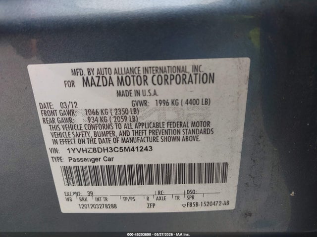 Aukcja sprzedaży 2012 Mazda Mazda6 I Touring, vin: 1YVHZ8DH3C5M41243, numer aukcji: 45203698