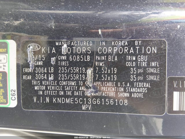 45203729 :رقم المزاد ، KNDME5C13G6156108 vin ، 2016 Kia Sedona Sx Luxury مزاد بيع