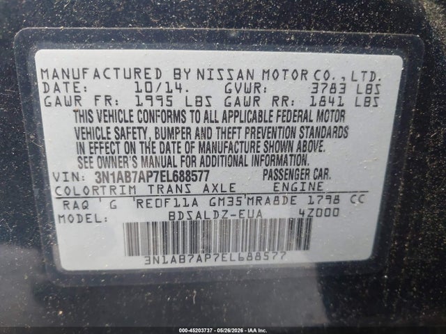 2014 Nissan Sentra Sv მანქანა იყიდება აუქციონზე, vin: 3N1AB7AP7EL688577, აუქციონის ნომერი: 45203737