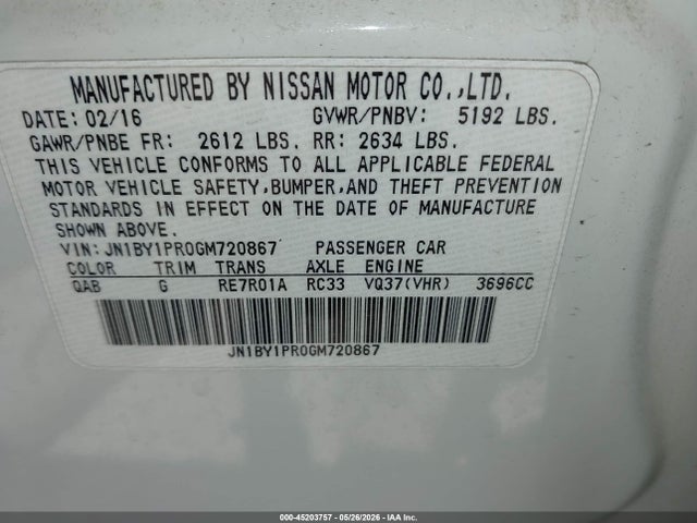 45203757 :رقم المزاد ، JN1BY1PR0GM720867 vin ، 2016 Infiniti Q70l 3.7x مزاد بيع