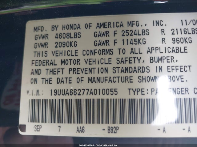 2007 Acura Tl 3.2 მანქანა იყიდება აუქციონზე, vin: 19UUA66277A010055, აუქციონის ნომერი: 45203765