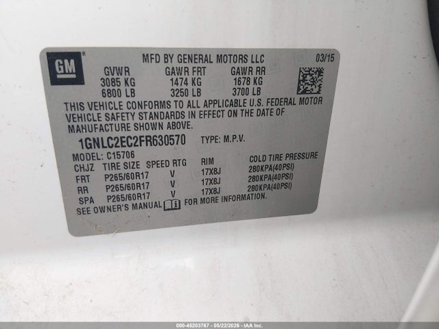 2015 Chevrolet Tahoe Commercial Fleet მანქანა იყიდება აუქციონზე, vin: 1GNLC2EC2FR630570, აუქციონის ნომერი: 45203767