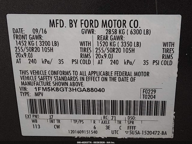 45203776 :رقم المزاد ، 1FM5K8GT3HGA88040 vin ، 2017 Ford Explorer Sport مزاد بيع