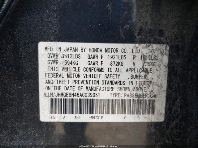 Продажа на аукционе авто 2010 Honda Fit Sport, vin: JHMGE8H46AC039051, номер лота: 45203788