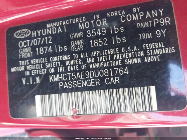 2013 Hyundai Accent Gs მანქანა იყიდება აუქციონზე, vin: KMHCT5AE9DU081764, აუქციონის ნომერი: 45203791