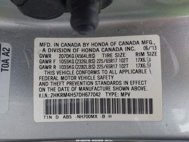 45203795 :رقم المزاد ، 2HKRM4H57DH677042 vin ، 2013 Honda Cr-v Ex مزاد بيع