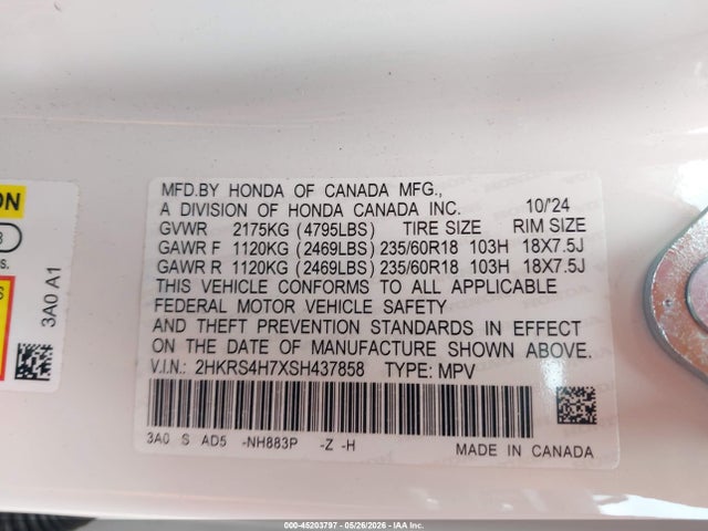 2HKRS4H7XSH437858 Honda Cr-v Ex-l Awd