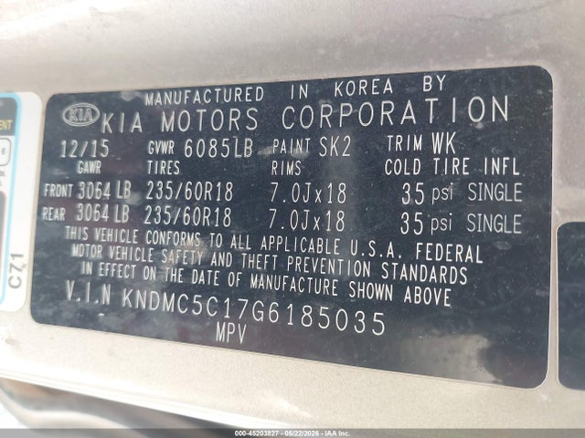 2016 Kia Sedona Ex მანქანა იყიდება აუქციონზე, vin: KNDMC5C17G6185035, აუქციონის ნომერი: 45203827