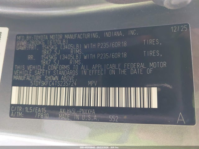 2026 Toyota Sienna Xle მანქანა იყიდება აუქციონზე, vin: 5TDYSKFC4TS235724, აუქციონის ნომერი: 45203840