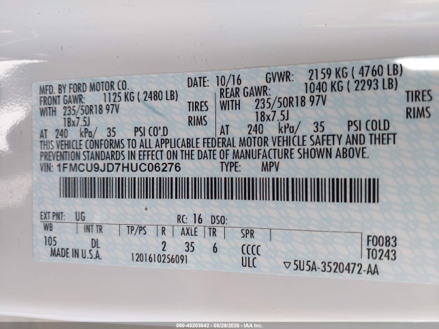 Aukcja sprzedaży 2017 Ford Escape Titanium, vin: 1FMCU9JD7HUC06276, numer aukcji: 45203842