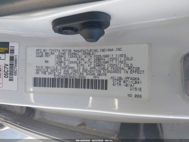 45203845 :رقم المزاد ، 5TDZA22C84S218584 vin ، 2004 Toyota Sienna Xle مزاد بيع