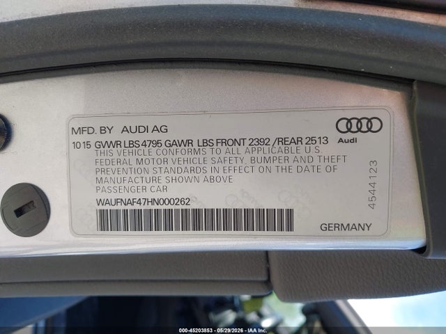 Aukcja sprzedaży 2017 Audi A4 2.0t Premium, vin: WAUFNAF47HN000262, numer aukcji: 45203853