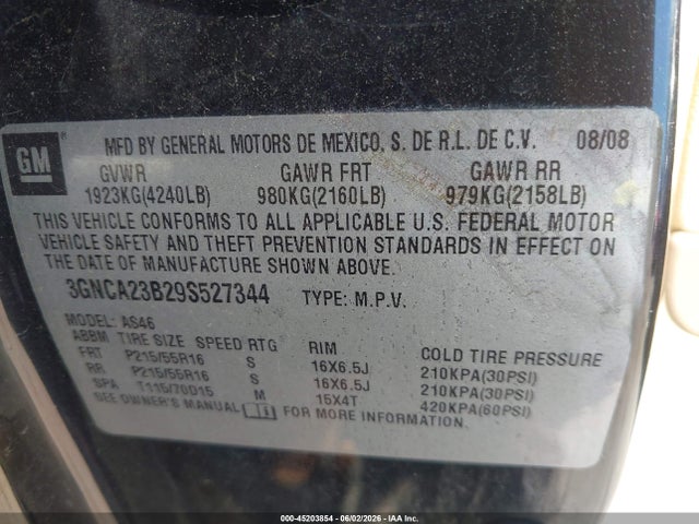 45203854 :رقم المزاد ، 3GNCA23B29S527344 vin ، 2009 Chevrolet Hhr Lt مزاد بيع