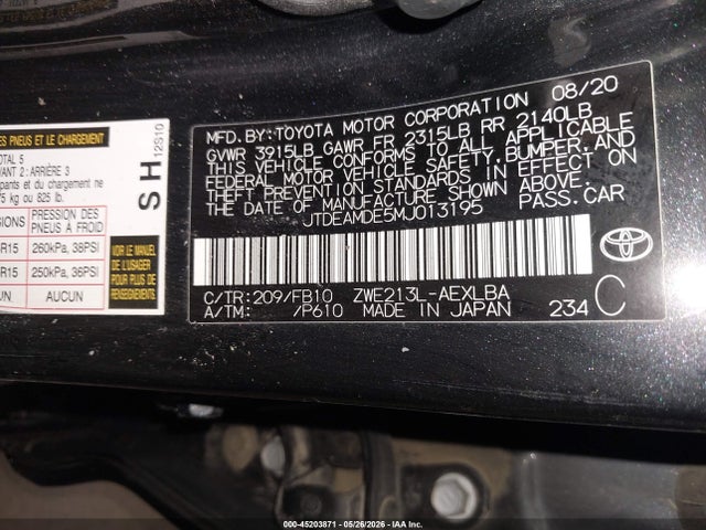JTDEAMDE5MJ013195 Toyota Corolla Hybrid Le
