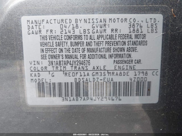 Aukcja sprzedaży 2018 Nissan Sentra Sv, vin: 3N1AB7AP4JY294676, numer aukcji: 45203881