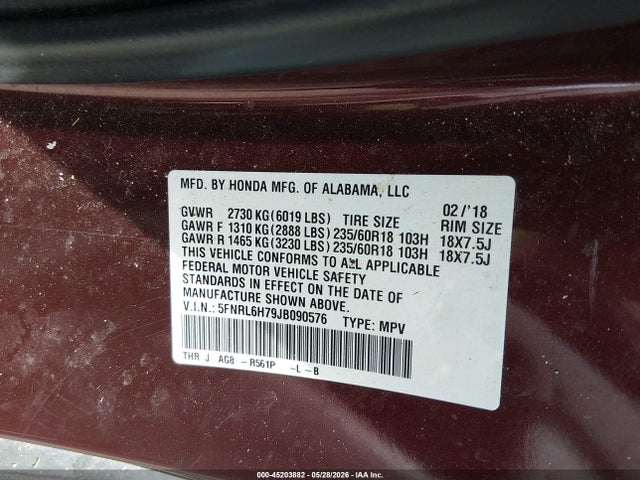 2018 Honda Odyssey Ex-l მანქანა იყიდება აუქციონზე, vin: 5FNRL6H79JB090576, აუქციონის ნომერი: 45203882
