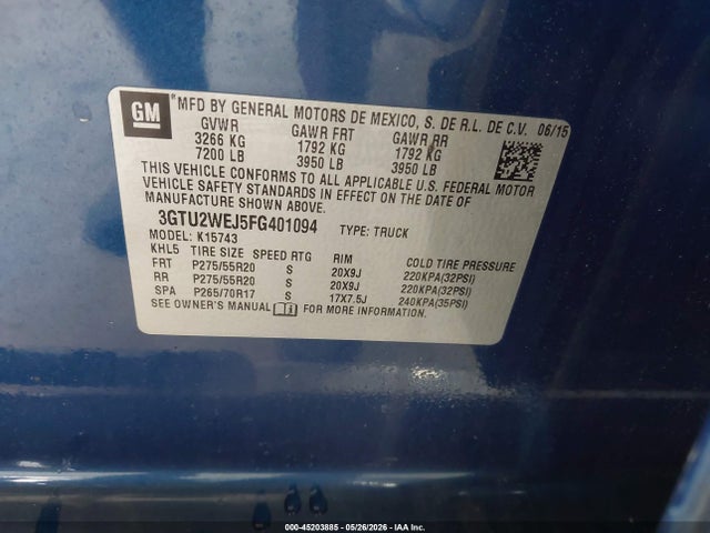 2015 Gmc Sierra 1500 Denali მანქანა იყიდება აუქციონზე, vin: 3GTU2WEJ5FG401094, აუქციონის ნომერი: 45203885