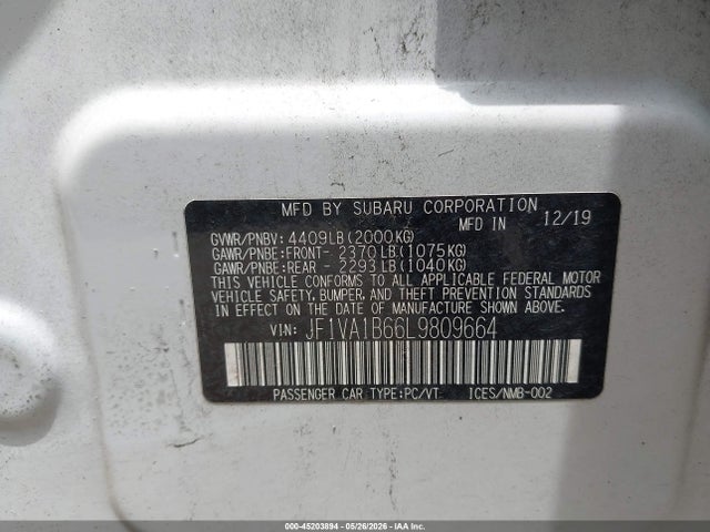 Aukcja sprzedaży 2020 Subaru Wrx Premium, vin: JF1VA1B66L9809664, numer aukcji: 45203894