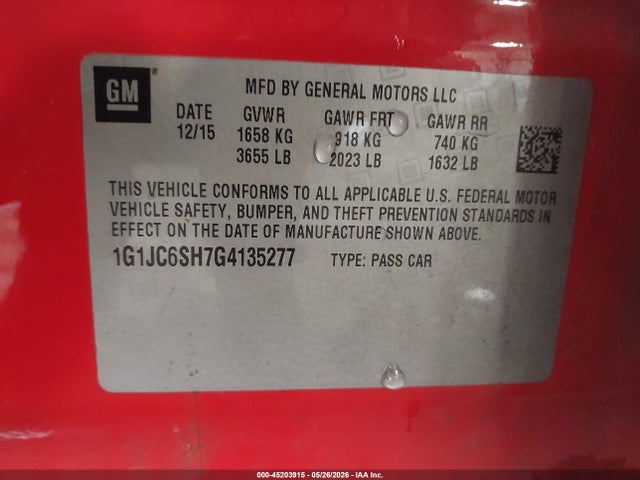 Chevrolet Sonic Lt Auto 2016 1G1JC6SH7G4135277 Image 9