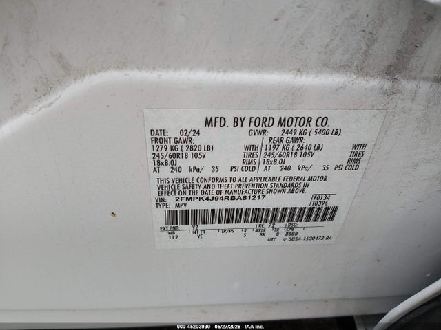 45203930 :رقم المزاد ، 2FMPK4J94RBA81217 vin ، 2024 Ford Edge Sel مزاد بيع