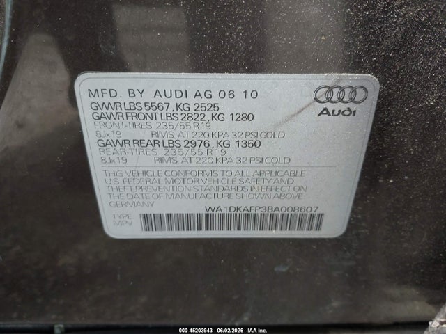 Продаж на аукціоні авто 2011 Audi Q5 3.2 Premium Plus, vin: WA1DKAFP3BA008607, номер лоту: 45203943
