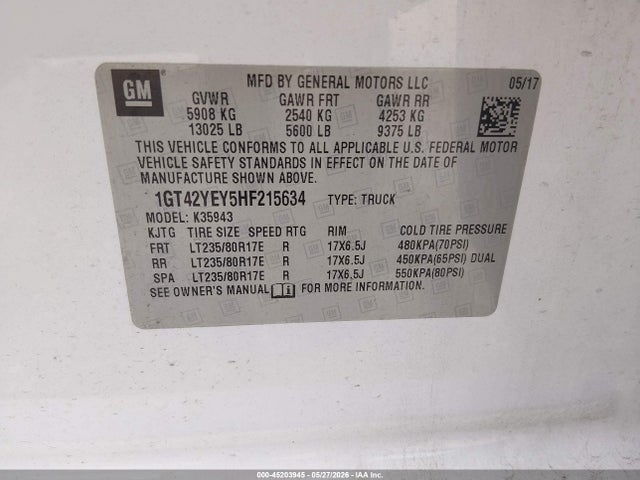 45203945 :رقم المزاد ، 1GT42YEY5HF215634 vin ، 2017 Gmc Sierra 3500hd Denali مزاد بيع