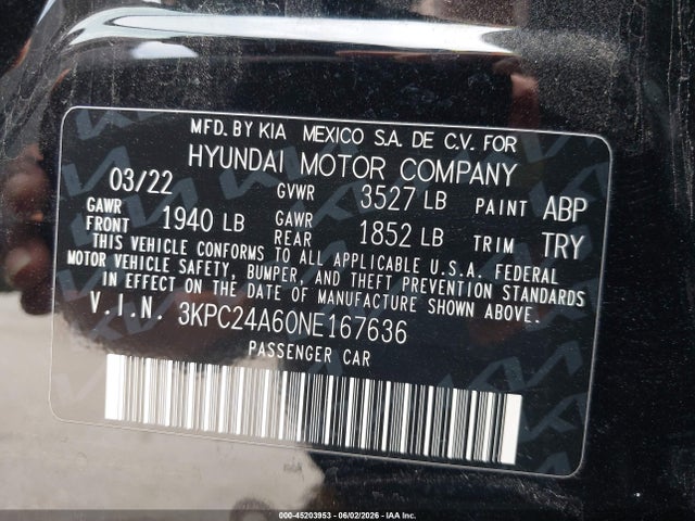 Aukcja sprzedaży 2022 Hyundai Accent Se, vin: 3KPC24A60NE167636, numer aukcji: 45203953