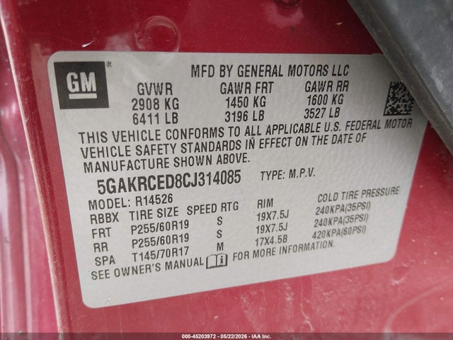 45203972 :رقم المزاد ، 5GAKRCED8CJ314085 vin ، 2012 Buick Enclave Leather مزاد بيع
