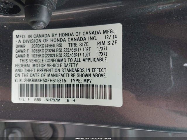 Продаж на аукціоні авто 2015 Honda Cr-v Ex, vin: 2HKRM4H5XFH615315, номер лоту: 45203974