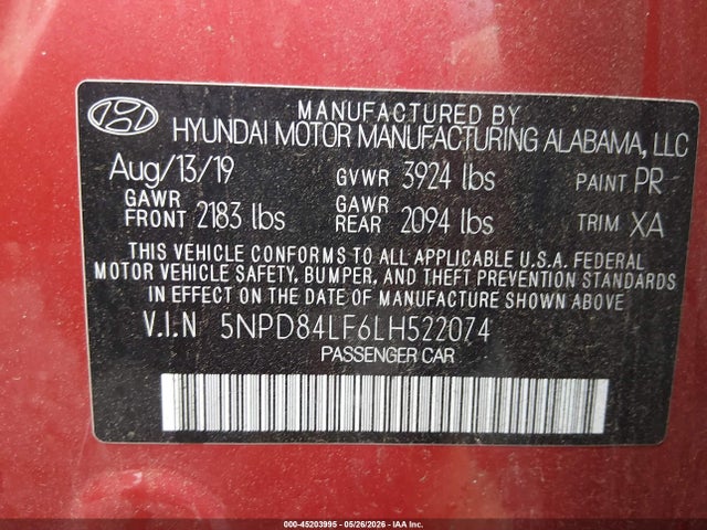 Aukcja sprzedaży 2020 Hyundai Elantra Value Edition, vin: 5NPD84LF6LH522074, numer aukcji: 45203995