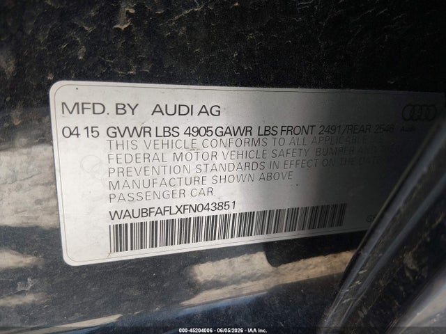 2015 Audi A4 2.0t Premium მანქანა იყიდება აუქციონზე, vin: WAUBFAFLXFN043851, აუქციონის ნომერი: 45204006