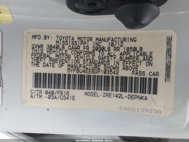 Продаж на аукціоні авто 2013 Toyota Corolla Le, vin: 5YFBU4EE6DP103542, номер лоту: 45204023