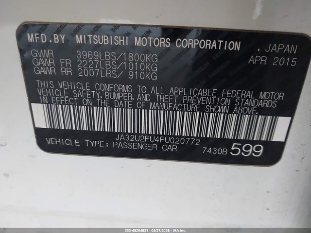 Aukcja sprzedaży 2015 Mitsubishi Lancer Es, vin: JA32U2FU4FU020772, numer aukcji: 45204031