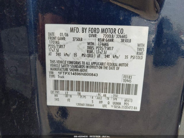 Продажа на аукционе авто 2006 Ford F-150 Fx4/lariat/xl/xlt, vin: 1FTPX14596NB00843, номер лота: 45204035