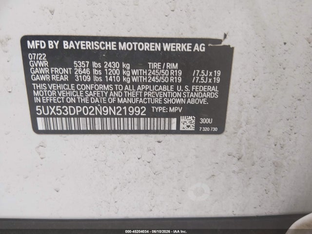 Продаж на аукціоні авто 2022 Bmw X3 Xdrive30i, vin: 5UX53DP02N9N21992, номер лоту: 45204034
