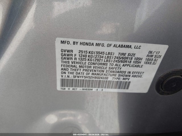 Продаж на аукціоні авто 2017 Honda Pilot Ex-l, vin: 5FNYF5H52HB024330, номер лоту: 45204041