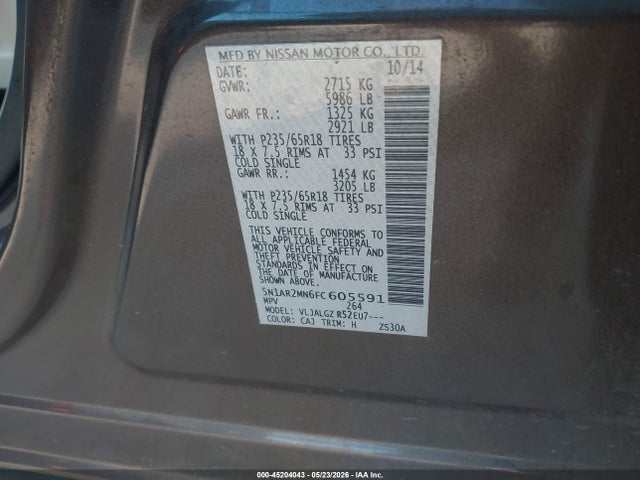 Продаж на аукціоні авто 2015 Nissan Pathfinder Sl, vin: 5N1AR2MN6FC605591, номер лоту: 45204043