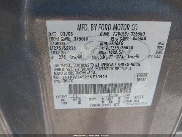 Aukcja sprzedaży 2005 Ford F-150 Fx4/lariat/xlt, vin: 1FTPW14525KE13915, numer aukcji: 45204061