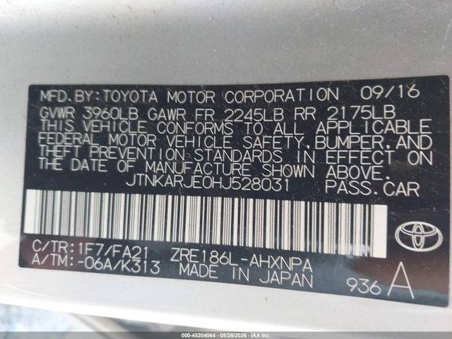 Aukcja sprzedaży 2017 Toyota Corolla Im, vin: JTNKARJE0HJ528031, numer aukcji: 45204064
