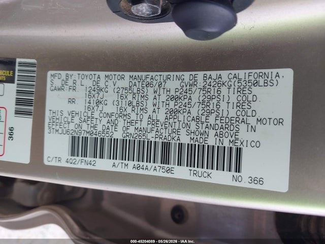 Aukcja sprzedaży 2007 Toyota Tacoma Prerunner V6, vin: 3TMJU62N97M046552, numer aukcji: 45204089