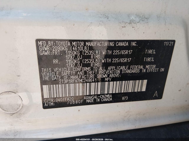 Продаж на аукціоні авто 2021 Toyota Rav4 Xle, vin: 2T3P1RFV7MC248641, номер лоту: 45204101