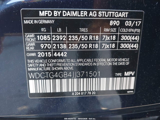 Продаж на аукціоні авто 2018 Mercedes-benz Gla 250 4matic, vin: WDCTG4GB4JJ371501, номер лоту: 45204102