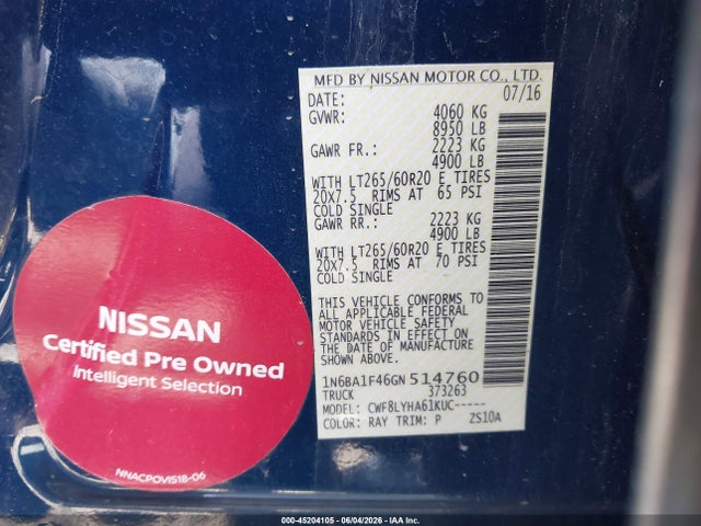 Aukcja sprzedaży 2016 Nissan Titan Xd Platinum Reserve Diesel, vin: 1N6BA1F46GN514760, numer aukcji: 45204105