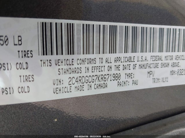 Продаж на аукціоні авто 2019 Dodge Grand Caravan Sxt, vin: 2C4RDGCG7KR671980, номер лоту: 45204106