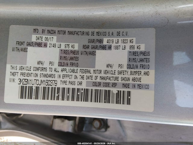 Aukcja sprzedaży 2018 Mazda Mazda3 Sport, vin: 3MZBN1U70JM160379, numer aukcji: 45204141